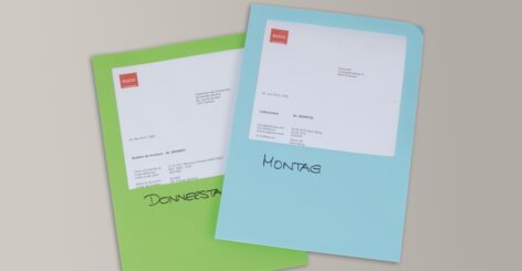 Darstellung der Organisationsmappe Elco Ordo transport aus Papier mit handgeschriebenen Notizen.